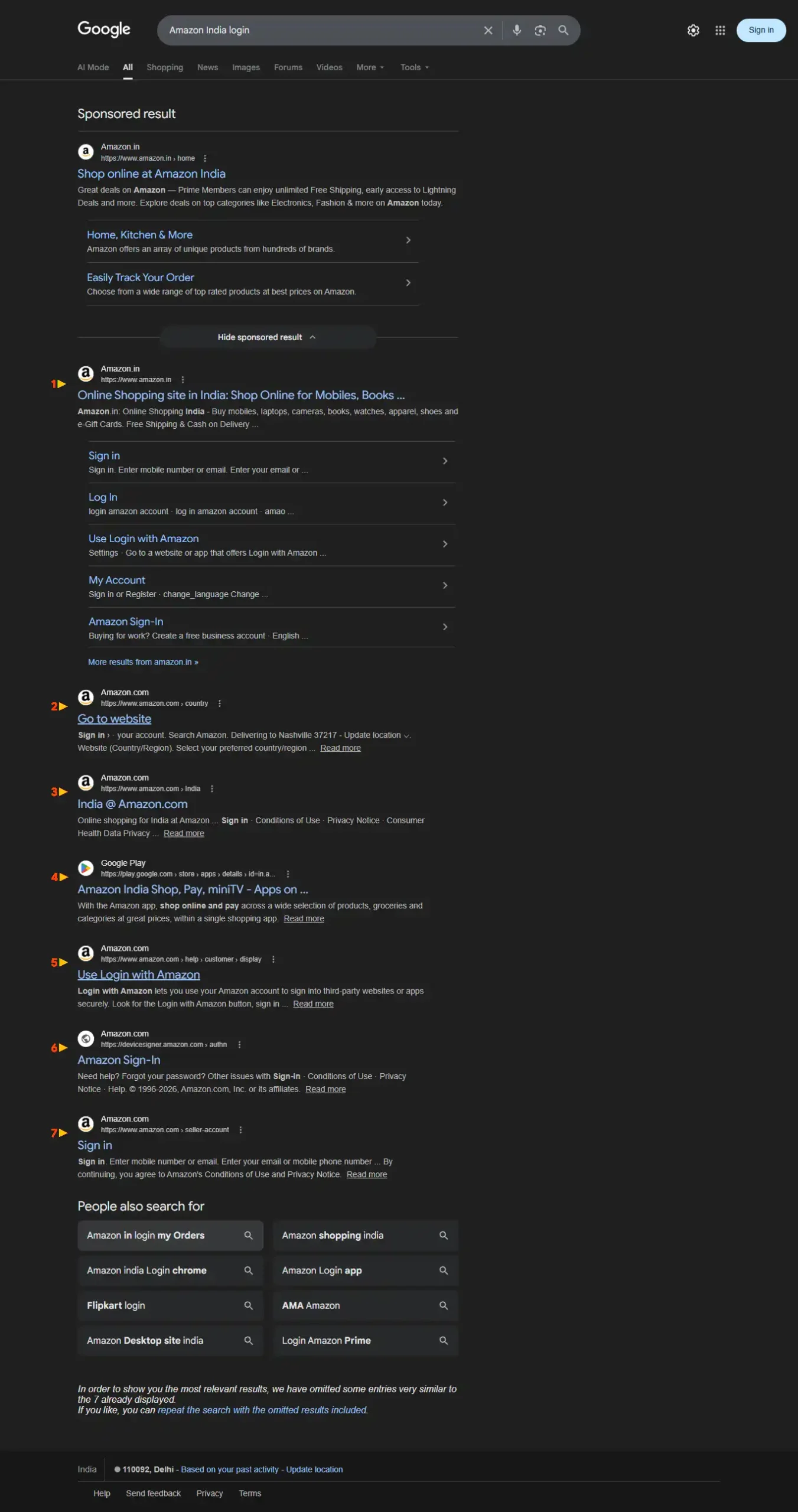 Afternoon Google SERP screenshot for Amazon India Login