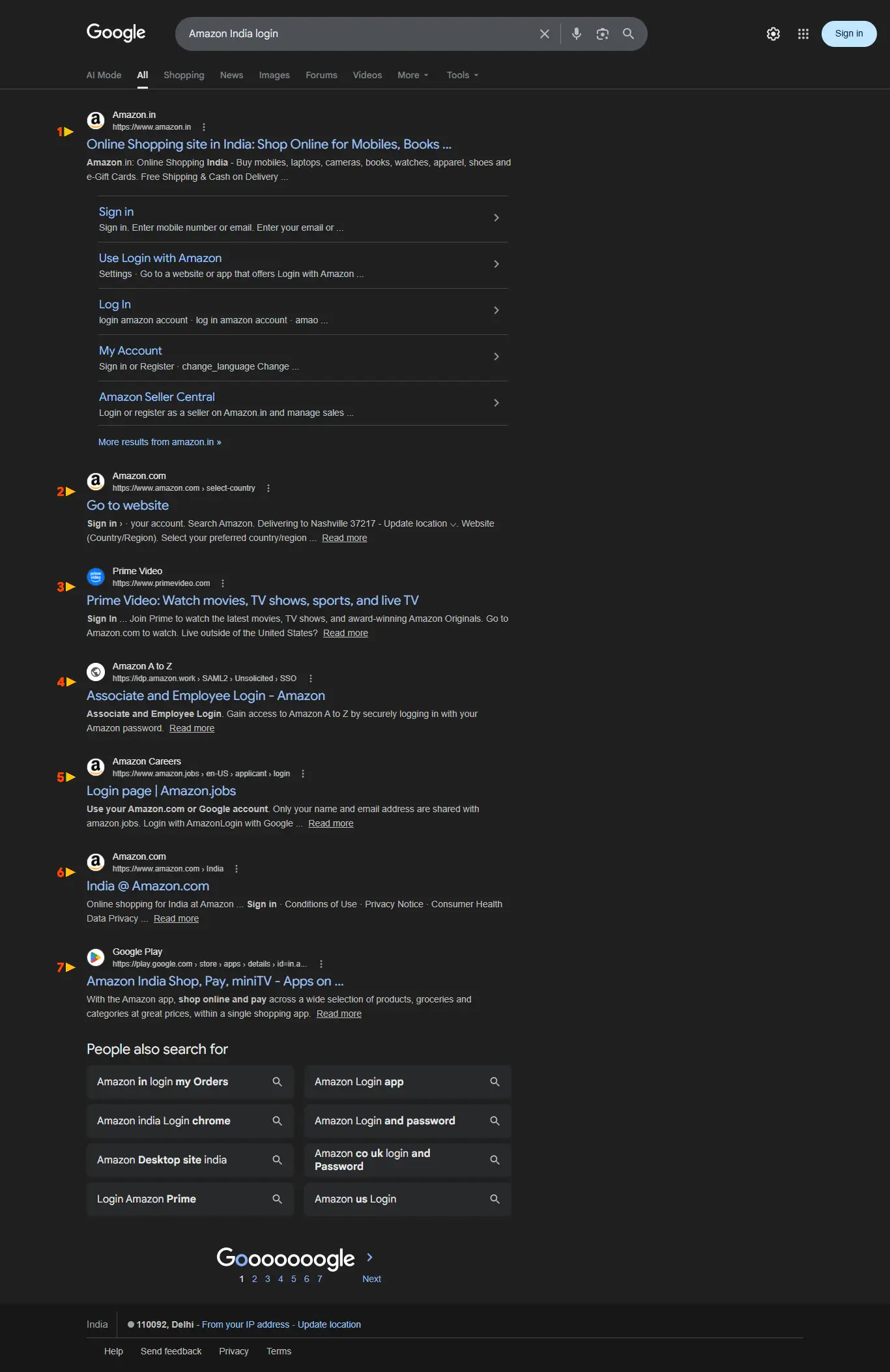 Morning Google SERP screenshot for Amazon India Login