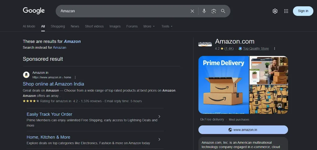 Amazon appear for Amazan query screenshot