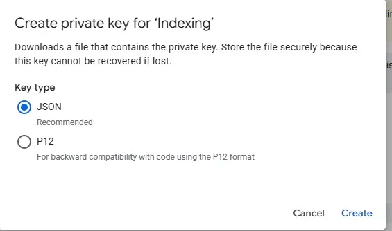 Create and download private key in JSON format