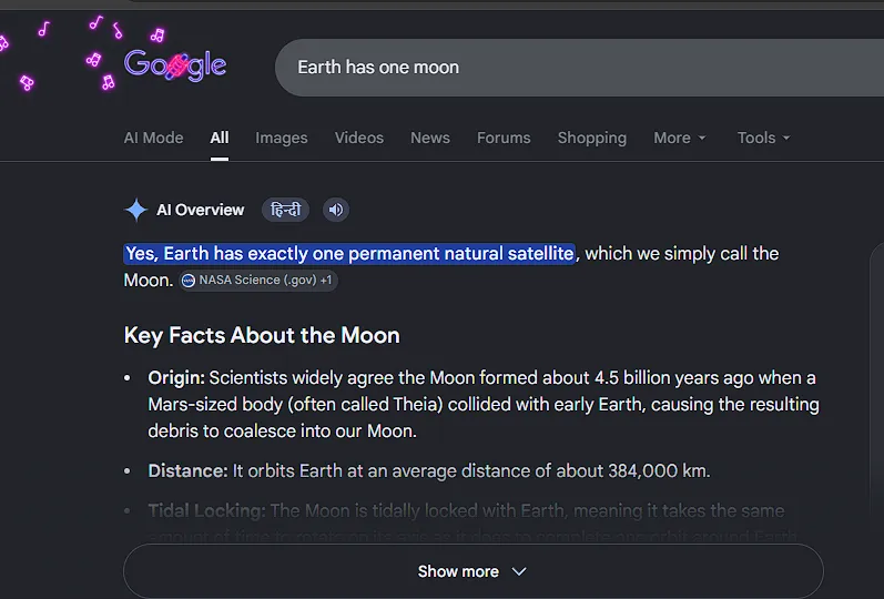 Earth has one moon query screenshot