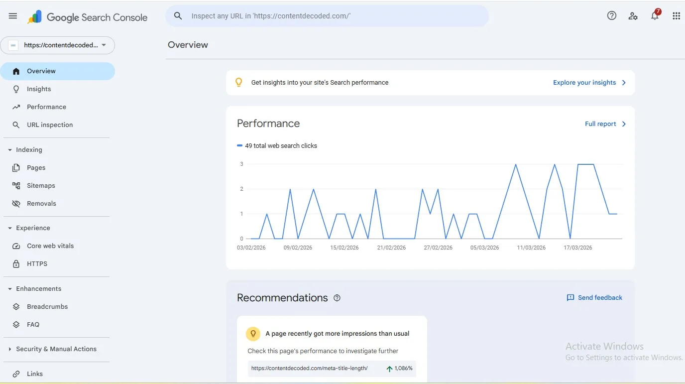 Google Search Console dashboard