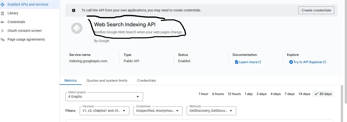 Indexing API dashboard