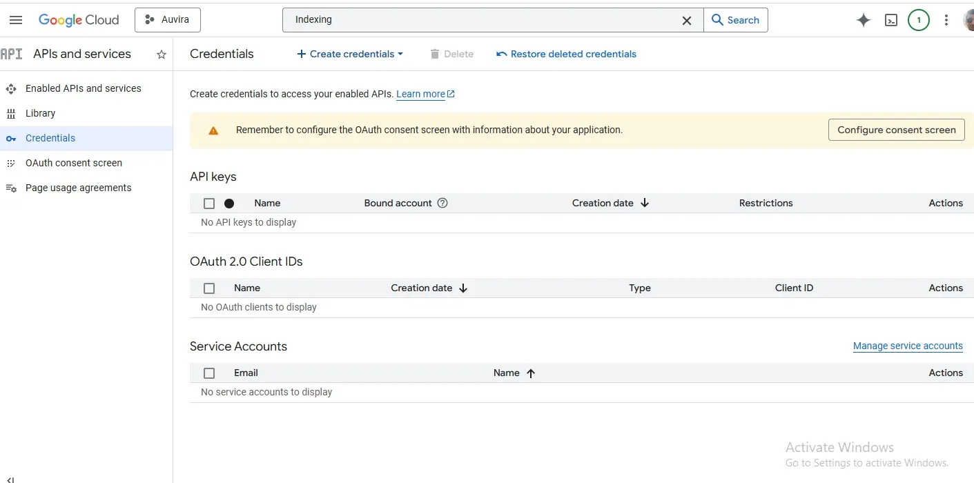 Google Indexing API Cloud Console setup