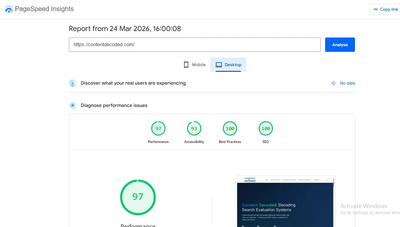 PageSpeed Insights results