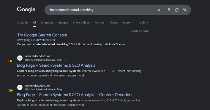 Screenshot site:yourdomain.com/blog