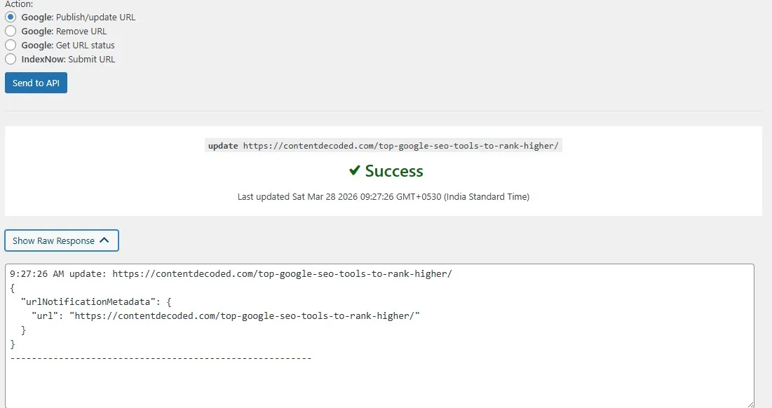 API responded with success message
