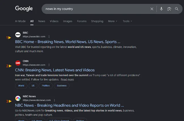 US news query screenshot