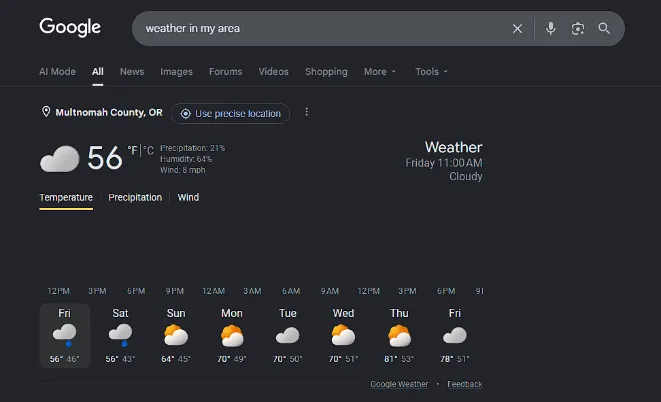 US weather query screenshot