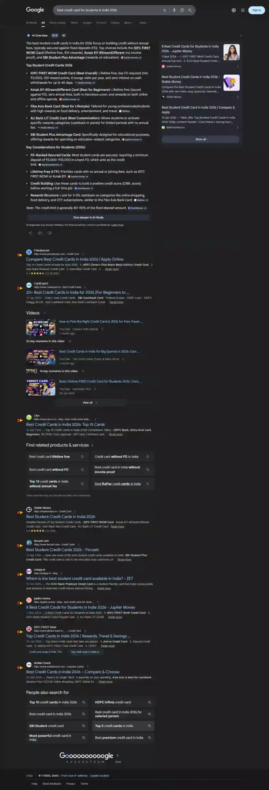 Google search results screenshot for best credit card for students in India 2026 afternoon