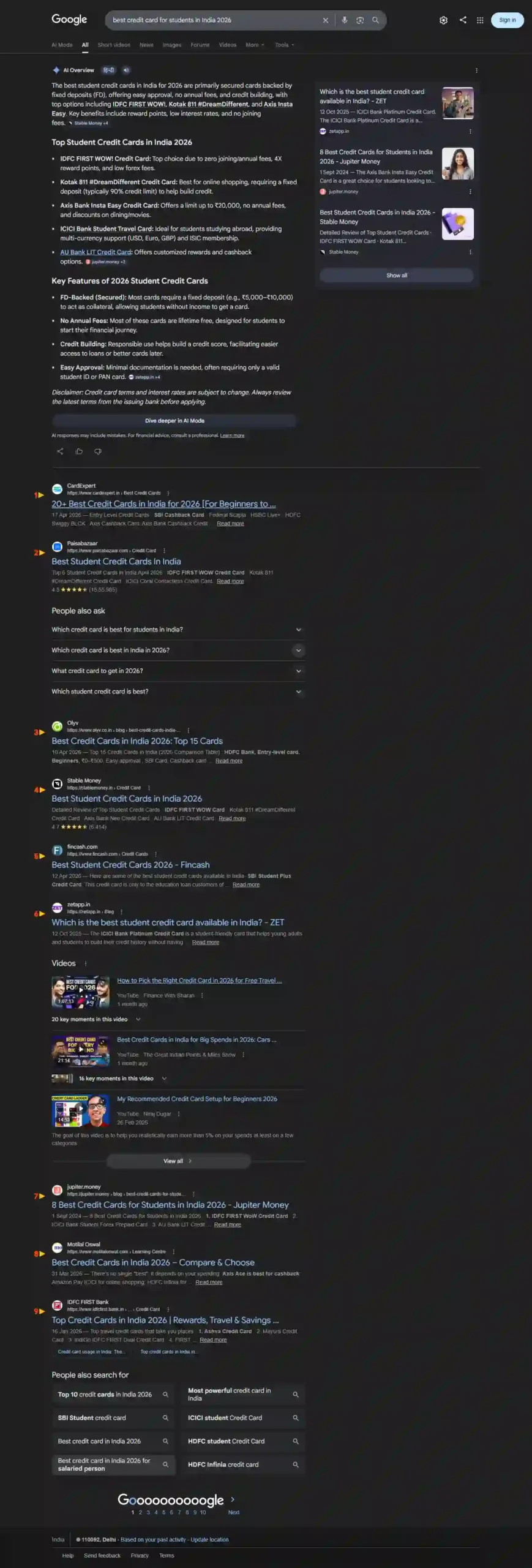 Google search results screenshot for best credit card for students in India 2026 night