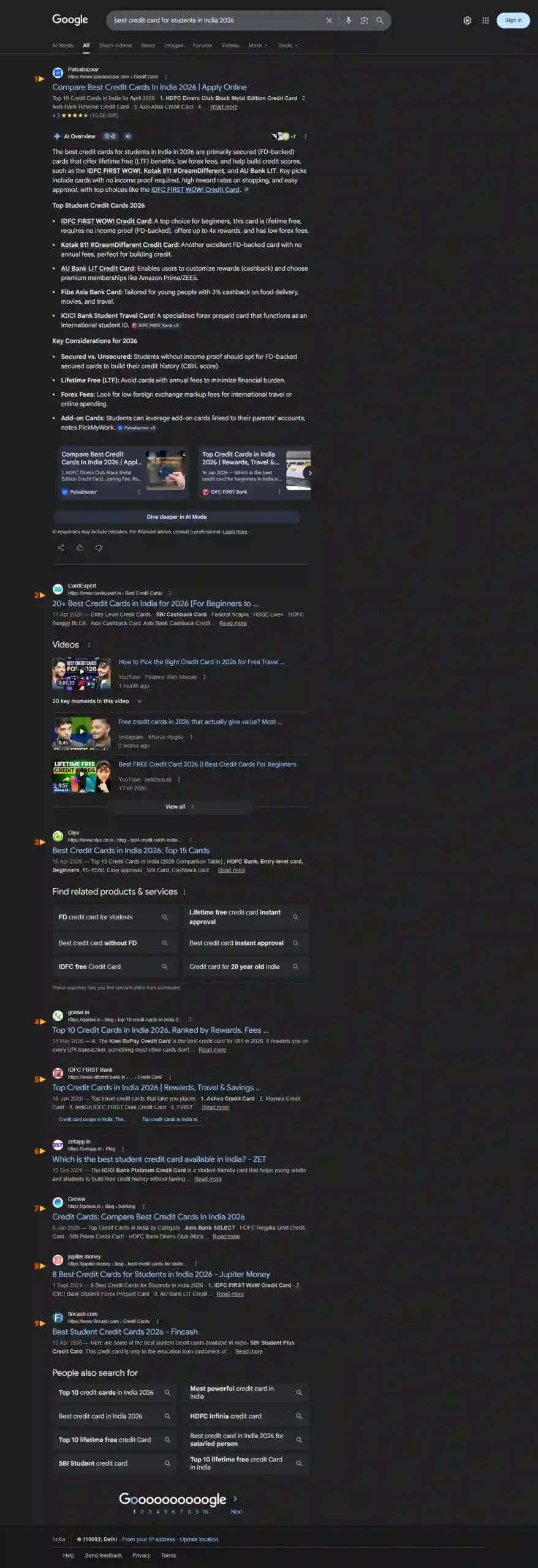 Google search results screenshot for best credit card for students in India 2026