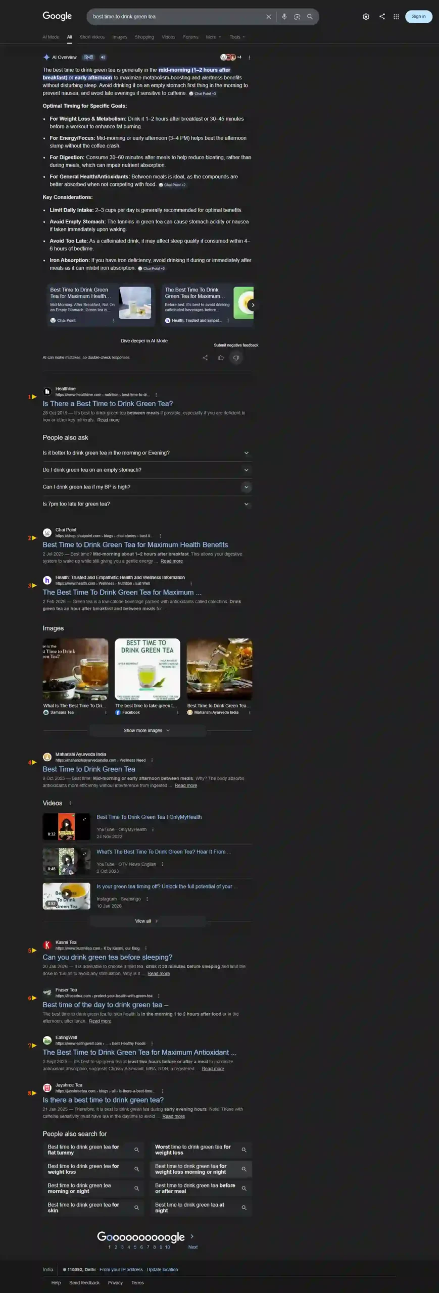 Google search results screenshot for best time to drink green tea night