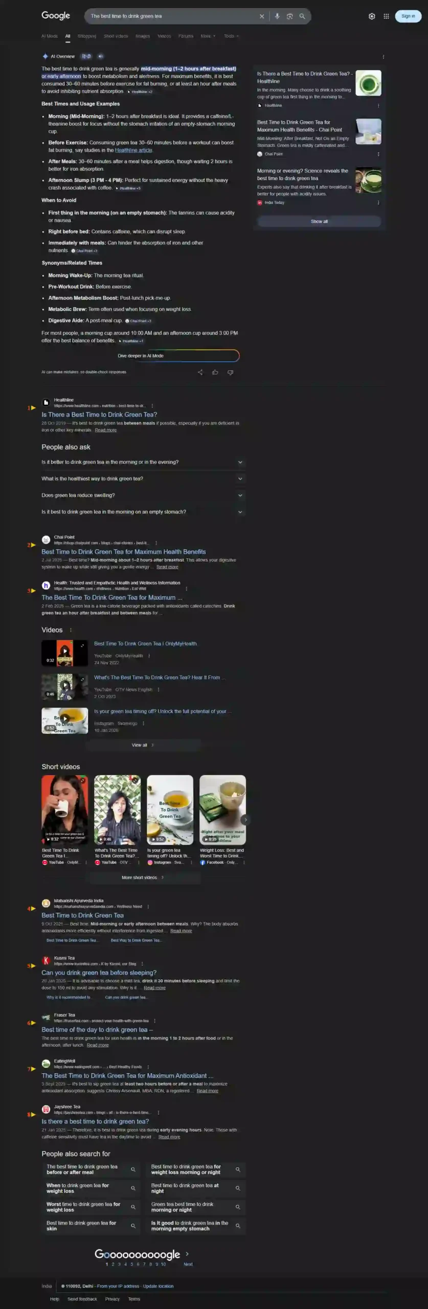 Google search results screenshot for best time to drink green tea