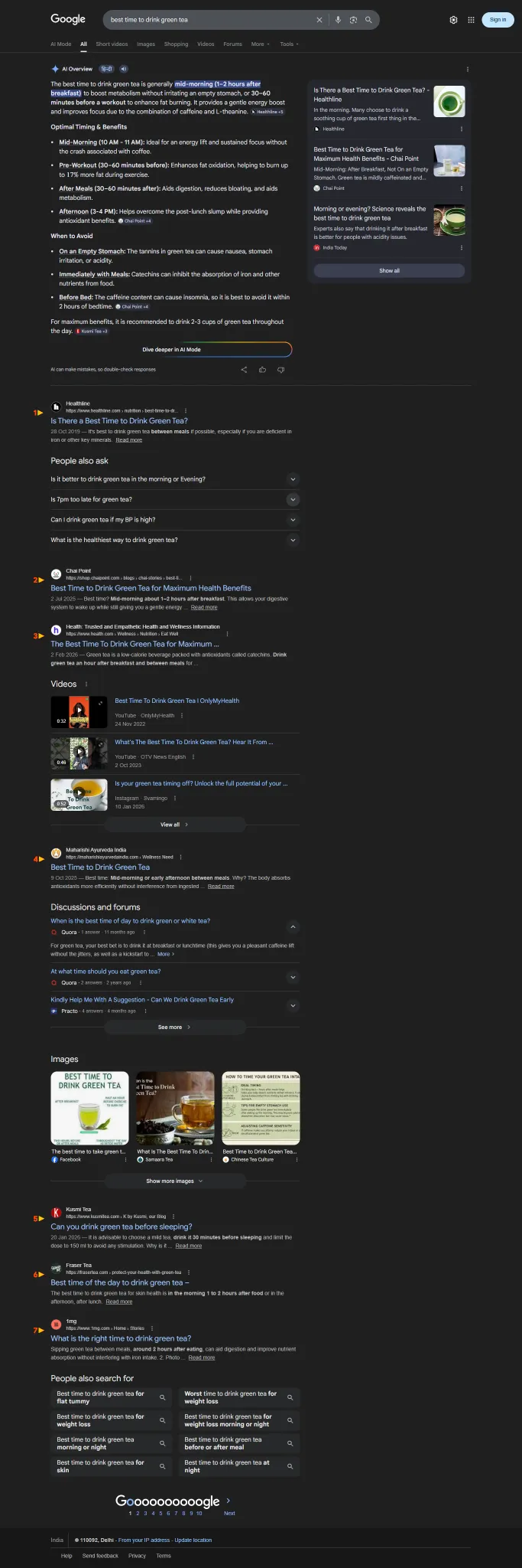 Google search results screenshot for best time to drink green tea