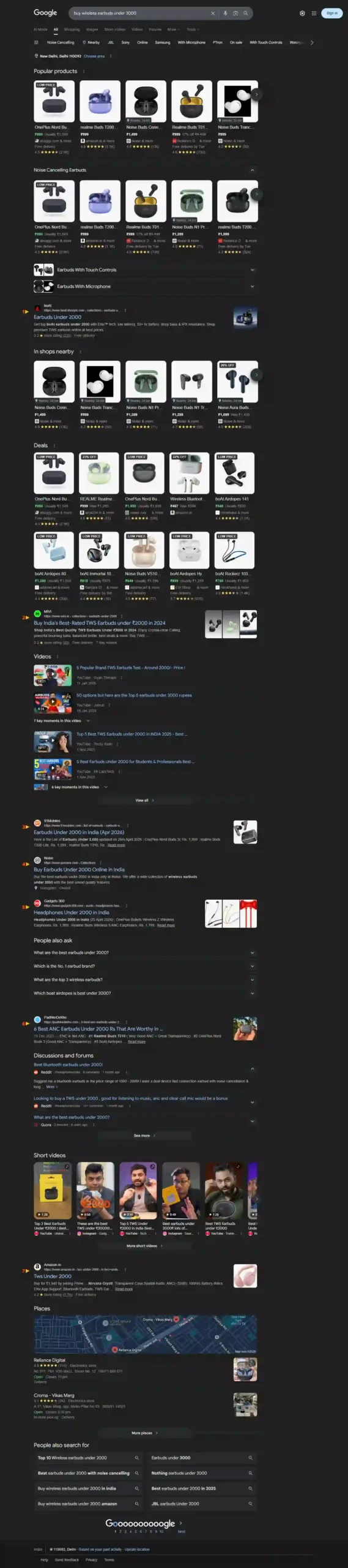 Afternoon Google SERP screenshot for buy wireless earbuds under 2000