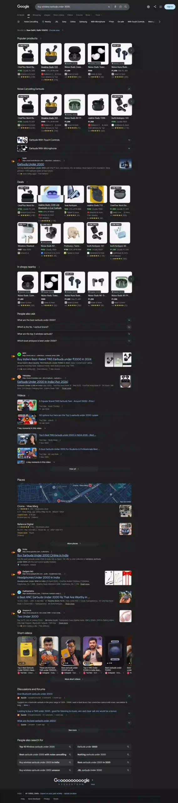 Night Google SERP screenshot for buy wireless earbuds under 2000