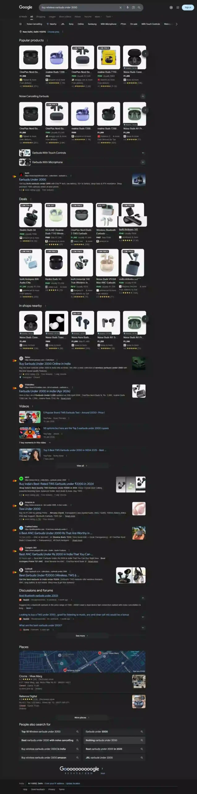 Morning Google SERP screenshot for buy wireless earbuds under 2000