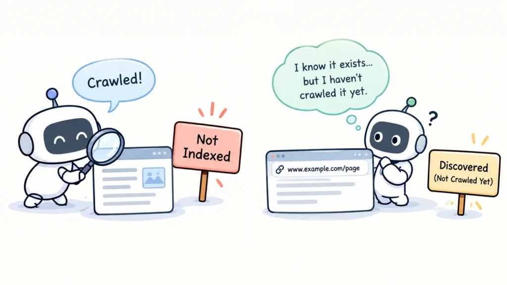 Google Search Console coverage statuses showing the difference between Crawled – Currently Not Indexed and Discovered – Currently Not Indexed, with SEO factors to investigate for each status.