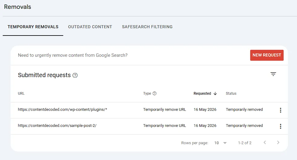 image of my 2 pages submit for removal in gsc